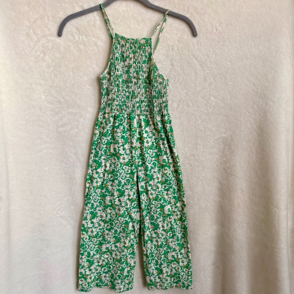 Zara Other - Zara Green Floral Smocked Cotton Wide Leg Spaghetti Strap Jumpsuit Girls Sz 8